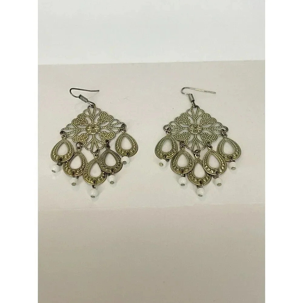 VTG Vintage Pierced Earrings Bronze Gold Tone White Bead Chandelier Dangle Boho
